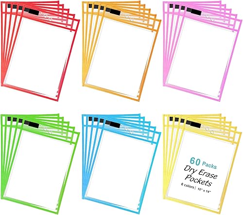 Paquete de 60 bolsillos de borrado en seco, 6 colores surtidos de 10 x 14 pulgadas, soportes para boletos de trabajo, fundas de plástico