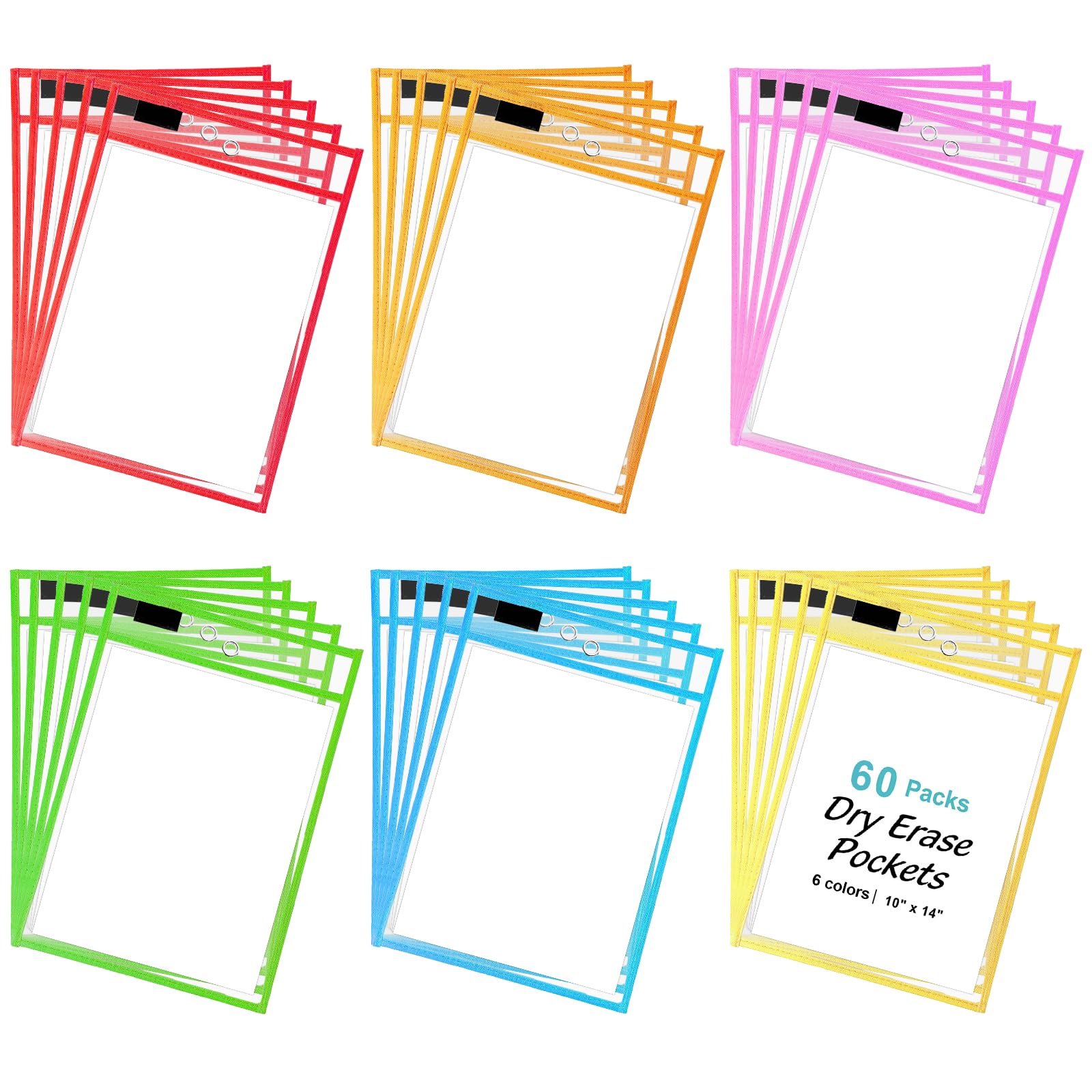 Merkaunis 60 Pack Dry Erase Pockets, 6 Assorted Colors 10 x 14 Inches, Job Ticket Holders, Reusable Plastic Sleeves, Clear Order Ticket Sleeve,
