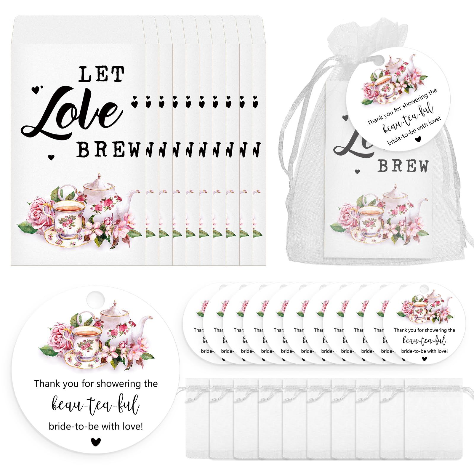 Skybooly 25 Sets Bridal Shower Tea Party Favors for Guests Include Tea Bags and Self Adhesive Kraft Paper Envelopes Thank You Tags Organza Bags Bridal