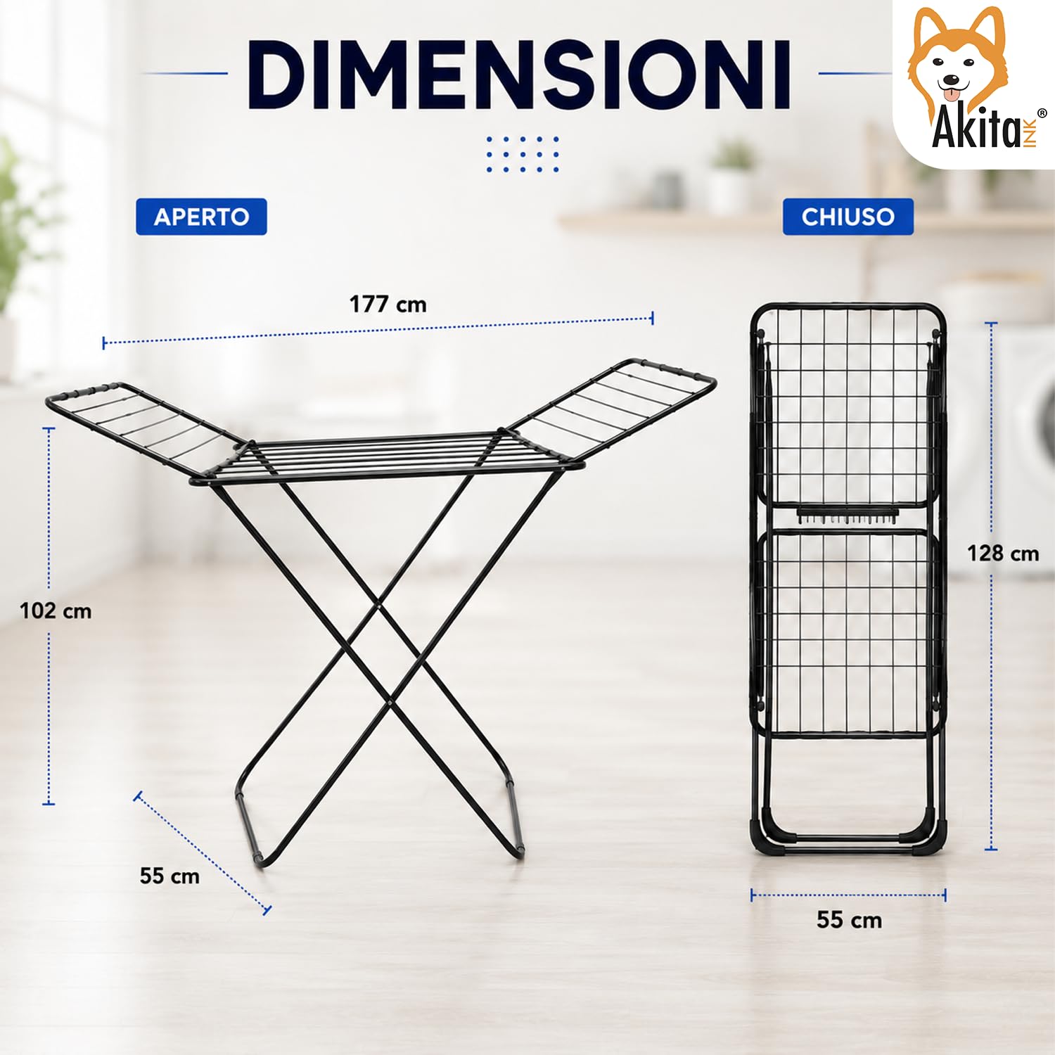 AKITAInk Stendibiancheria WINGSLUX Nero da Pavimento, 18 m di Stenditura, Pieghevole in Acciaio con Supporto Calzini e Piedini Antiscivolo