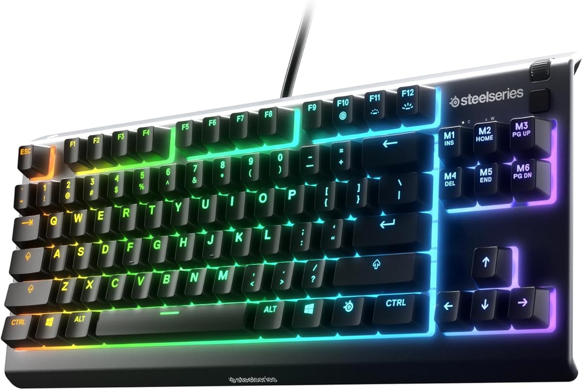 SteelSeries Apex 3 TKL RGB Gaming Keyboard – Tenkeyless Compact Form Factor - 8-Zone RGB Illumination – IP32 Water & Dust Resistant – Whisper Quiet Gaming Switch – Gaming Grade Anti-Ghosting,Black : Electronics