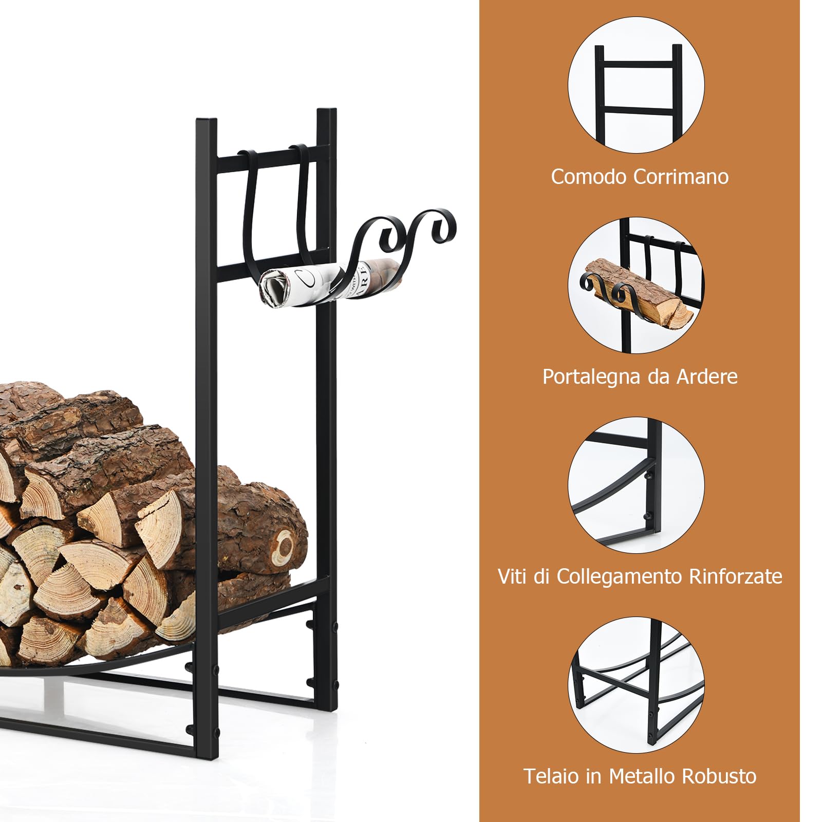 GYMAX Porta Legna da Ardere, Portalegna da Interno Esterno con Supporti per Accendifuoco Staccabili, Portalegna Robusto in Acciaio Facile da Montare, 83 x 33 x 77 cm, Nero