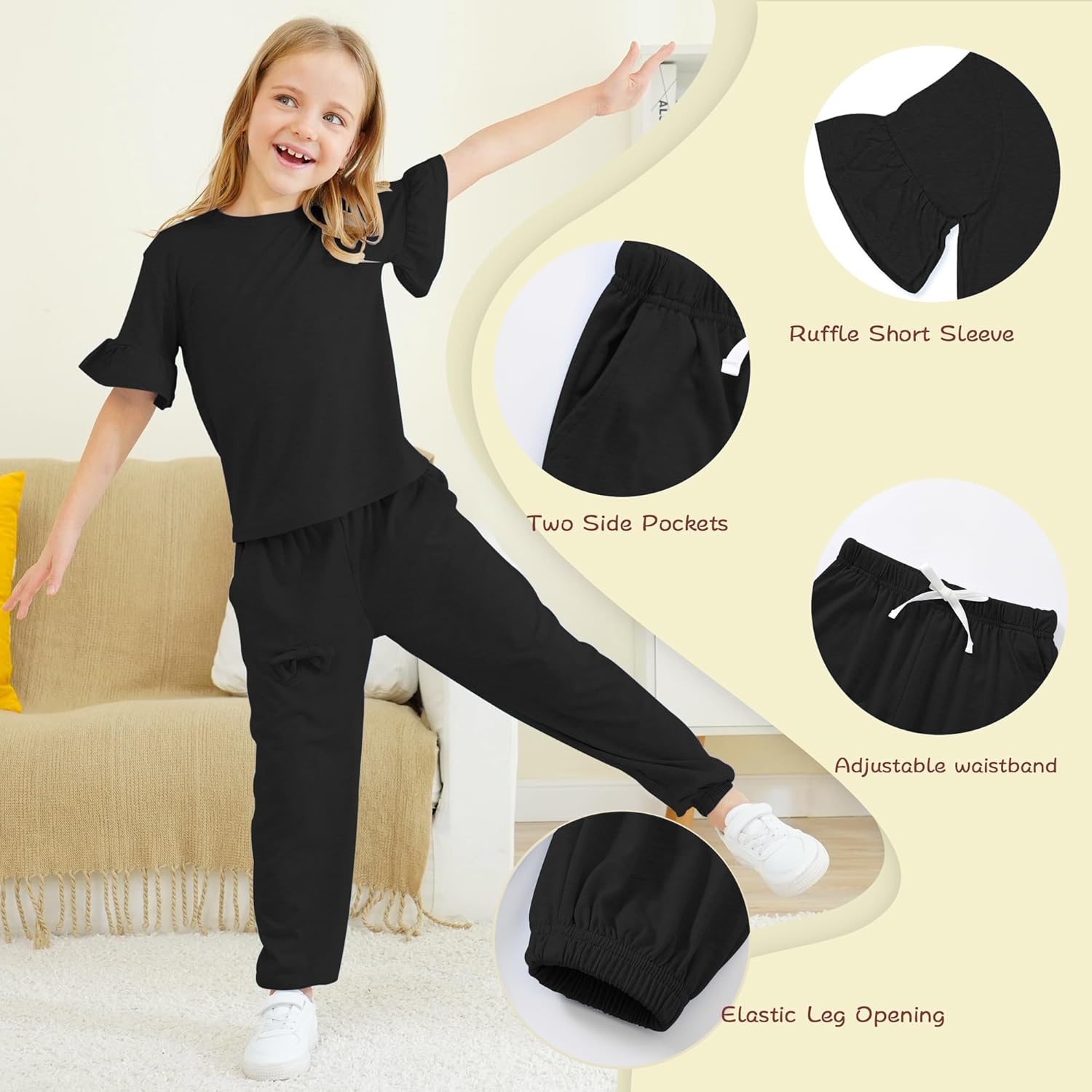 Jimonda Kids Girls Outfits Ruffle Sleeve T-Shirt and Pants Set with Side Pockets Clothing Set 2 Piece 4-13 Years Old - Image 5