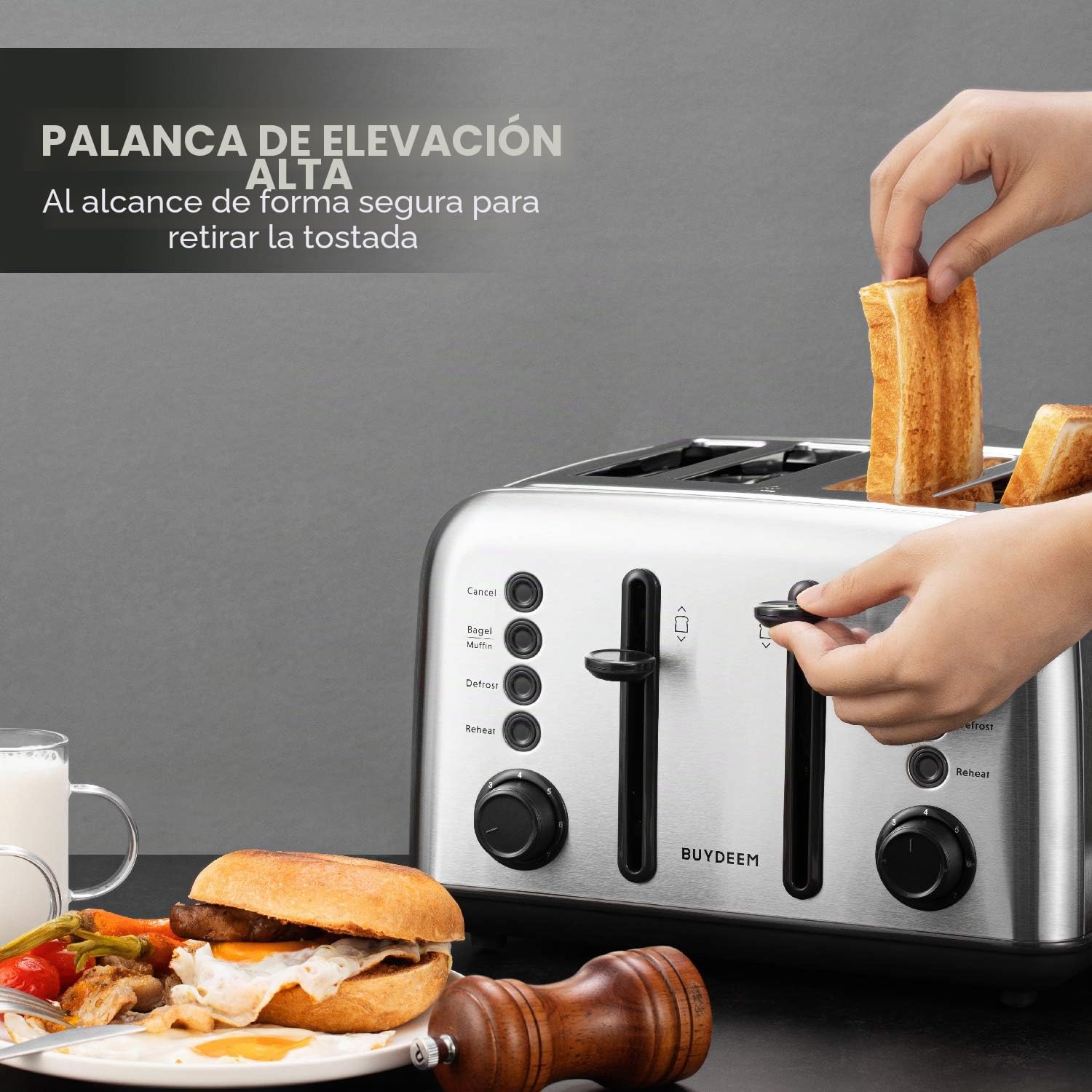 BUYDEEM DT640 4-Slice Toaster, Extra Wide Slots, Retro Stainless Steel with High Lift Lever, Bagel and Muffin Function, Removal Crumb Tray, 7-Shade Settings (Stainless Steel)