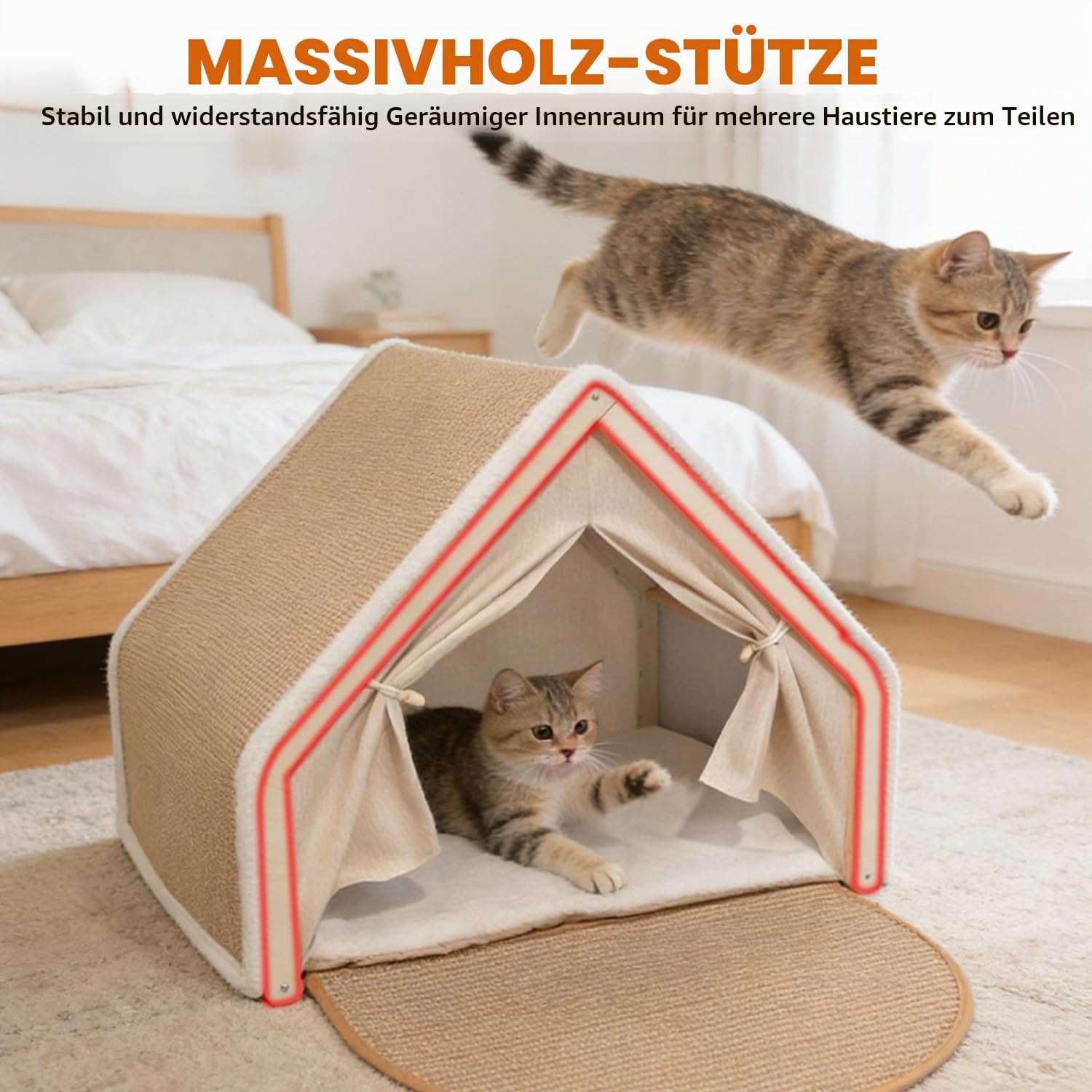 2-in-1 Katzenhaus mit Kratzbrett, Holz katzenzelt & Sisal Kratzfläche als Gemütliche Katzenhöhle für 2 Katzen, Atmungsaktiver Katzenhaus Indoor mit Sisal Kratzbrett 52 x 40 x 40 cm（Beige）