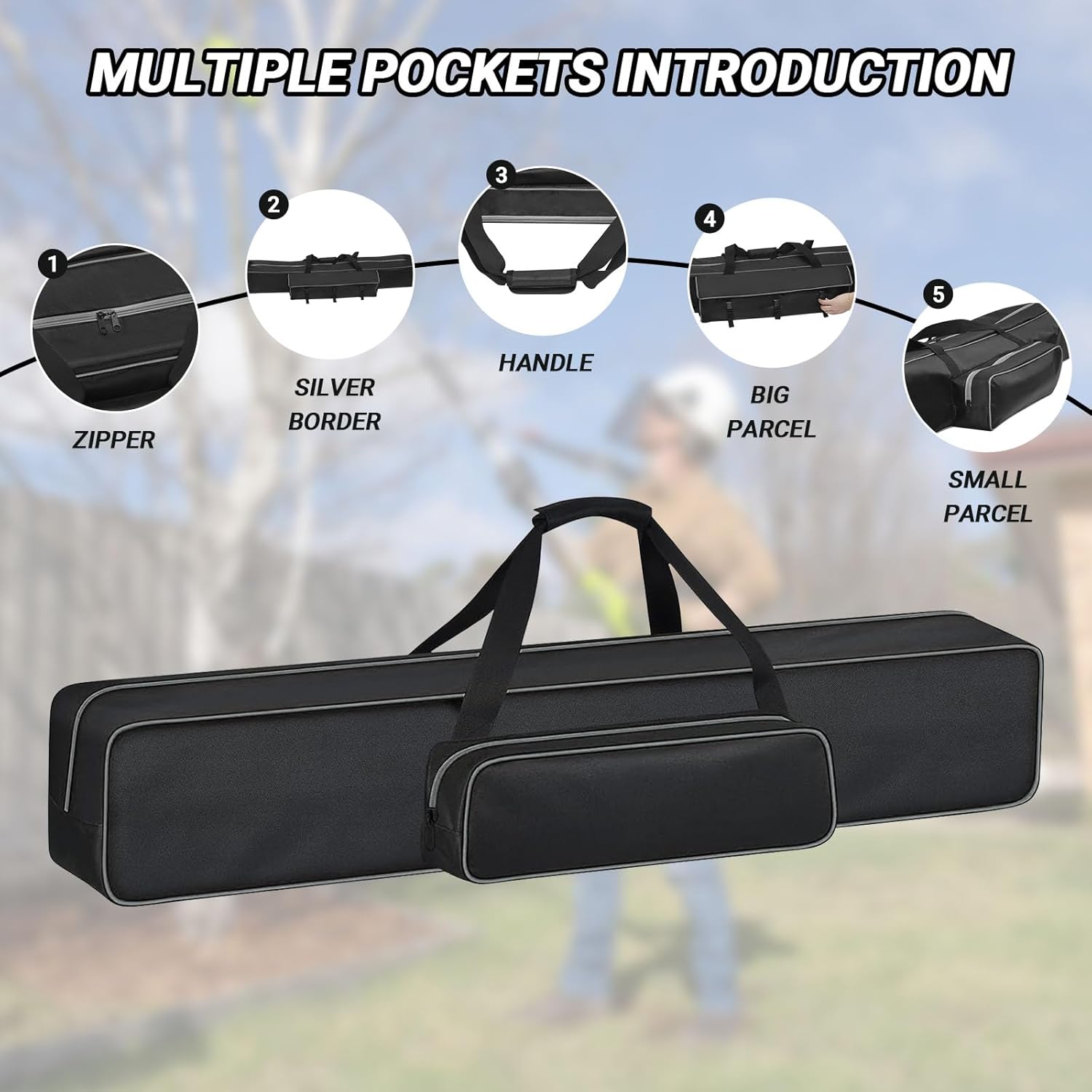 Pole Saw Bag Suitable for Dewalt/Worx/Greenworks/EGO Power+/Black+Decker Electric Telescoping Chainsaw, Pole Saw Storage Case with Front & Back Pockets for Extension Tree Trimmer Attachment