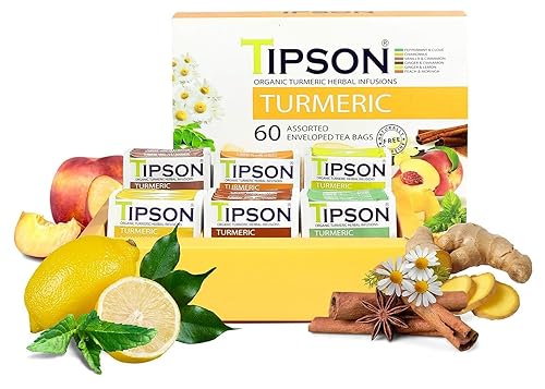 Tipson Té de hierbas de cúrcuma orgánica, 6 sabores surtidos, 60 bolsas de doble cámara con envoltura de aluminio, superalimento antioxidante, sin disponible en Yaxa Peru