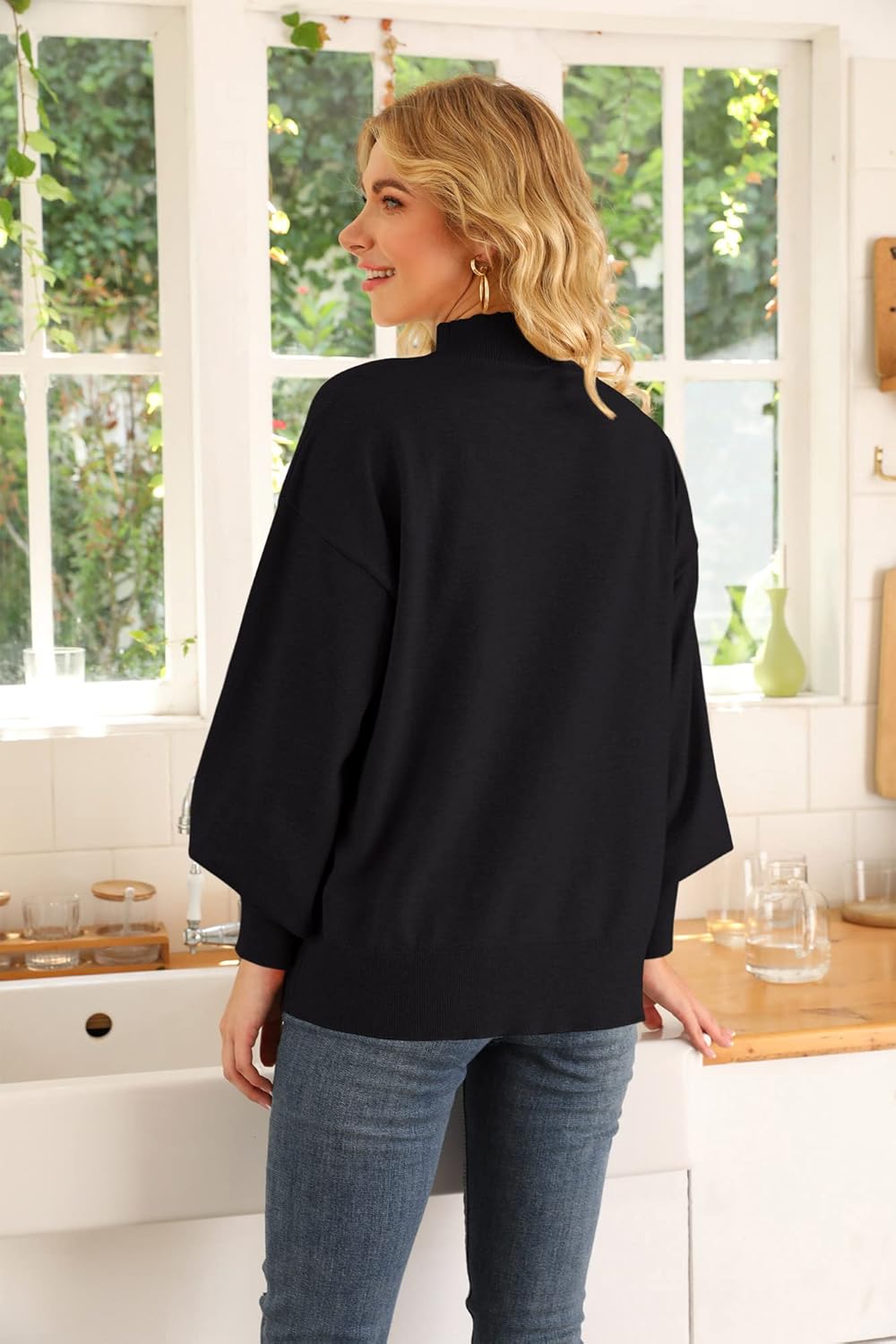 WEACZZY Women's 2026 Fall Fashion Casual Sweaters Mock Neck Long Lantern Sleeve Lightweight Knit Pullover Sweater Tops - Image 3