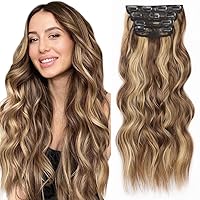 Vista 25 de ALXNAN - Extensiones de cabello con pinza, largo y ondulado, de 20 pulgadas, color rubio rosa; extensiones de cabello natural de 4 piezas, con fibra