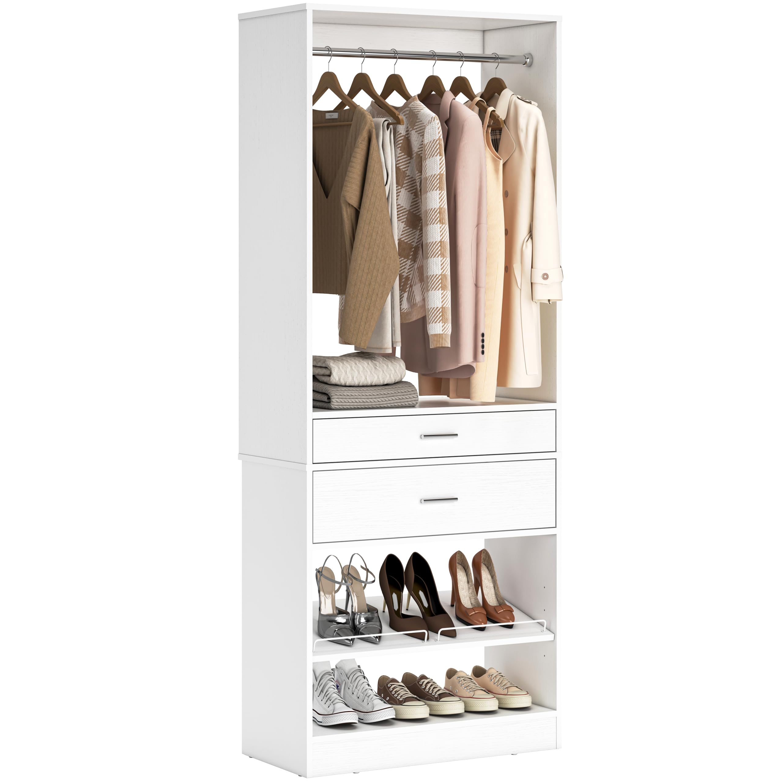 Unikito 25” W x 80'' H Closet Organizer Storage with Hanging Rod and 2 Wooden Drawers, Adjustable Angled Shoes Rack, Sturdy Garment Rack, Walk-in Closet Tower for Bedroom, Mudroom, and Entryway, White