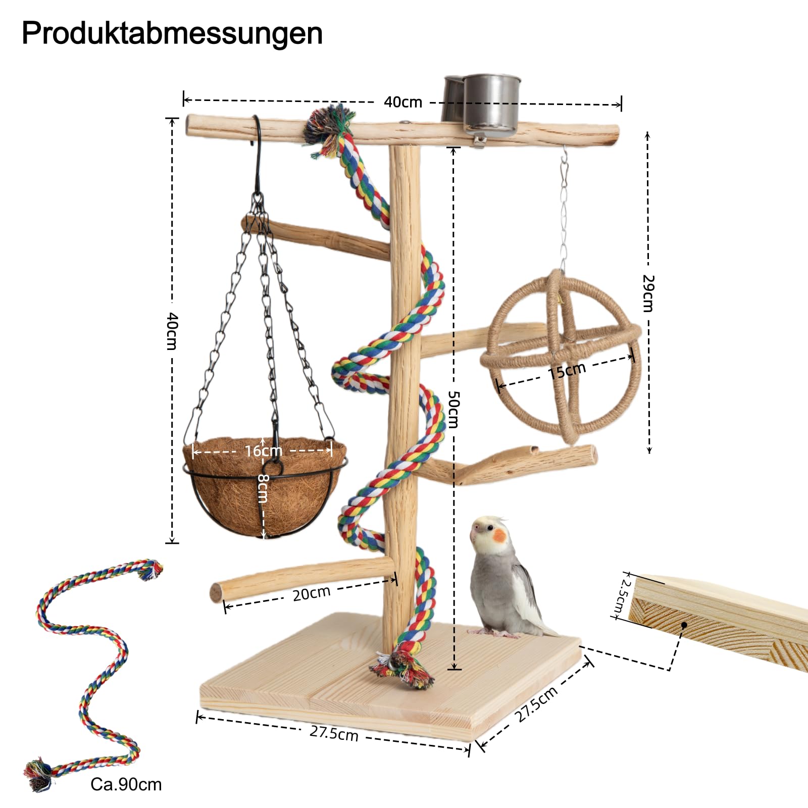 Vogel Sitzstangen, Vogelspielzeug, Naturholz-papageienständer mit Feeder-Cup, Schaukel, Nest, Papageien Vogelspielplatz und Ruhestation für mittelgroße Vögel, Nymphensittich, Mönchssittich, Großer Akt