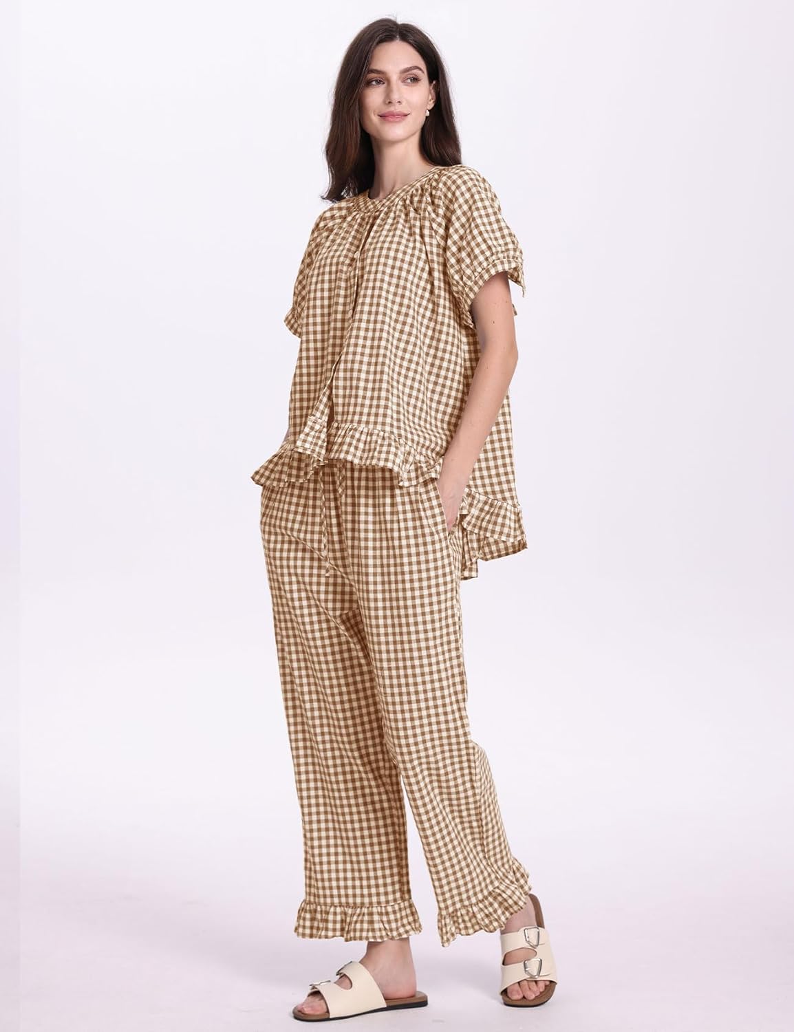 PEHMEA Womens Plaid 2 Piece Cotton Gingham Pajama Sets Short Sleeve Babydoll Shirt Ruffle Pants Y2K Lounge PJS Cute Sleepwear - Image 3