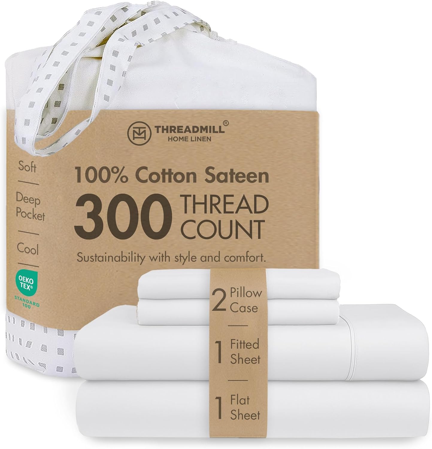Threadmill Cotton Queen Sheet Set | 100% Cotton Sheets for Queen Size Bed | Solid Sateen Queen Bed Sheets Set with 16” Deep Pocket | Soft Breathable 4-Piece Cooling Bedding Sheet Set | White