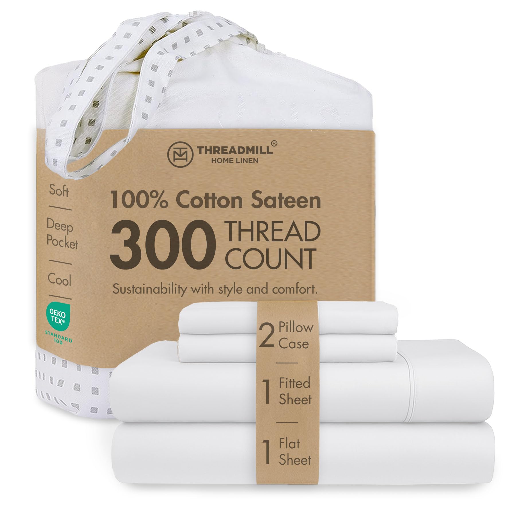 Threadmill Home Linen Queen Sheets - Pure Long Staple Cotton Sateen Weave, 4 Piece 300 Thread Count Bedding Set, Solid Hotel White Sheets with Elasticized Deep Pocket