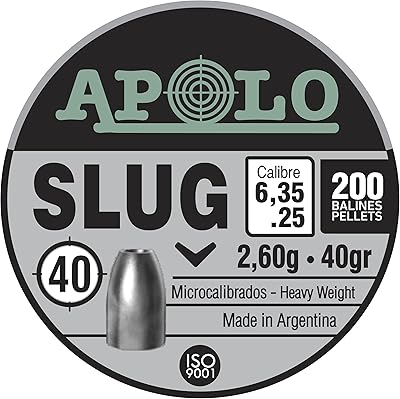Apolo Slug Airgun Pellets, 6.35mm, 25 Caliber, 40 Grains, E19304,Silver