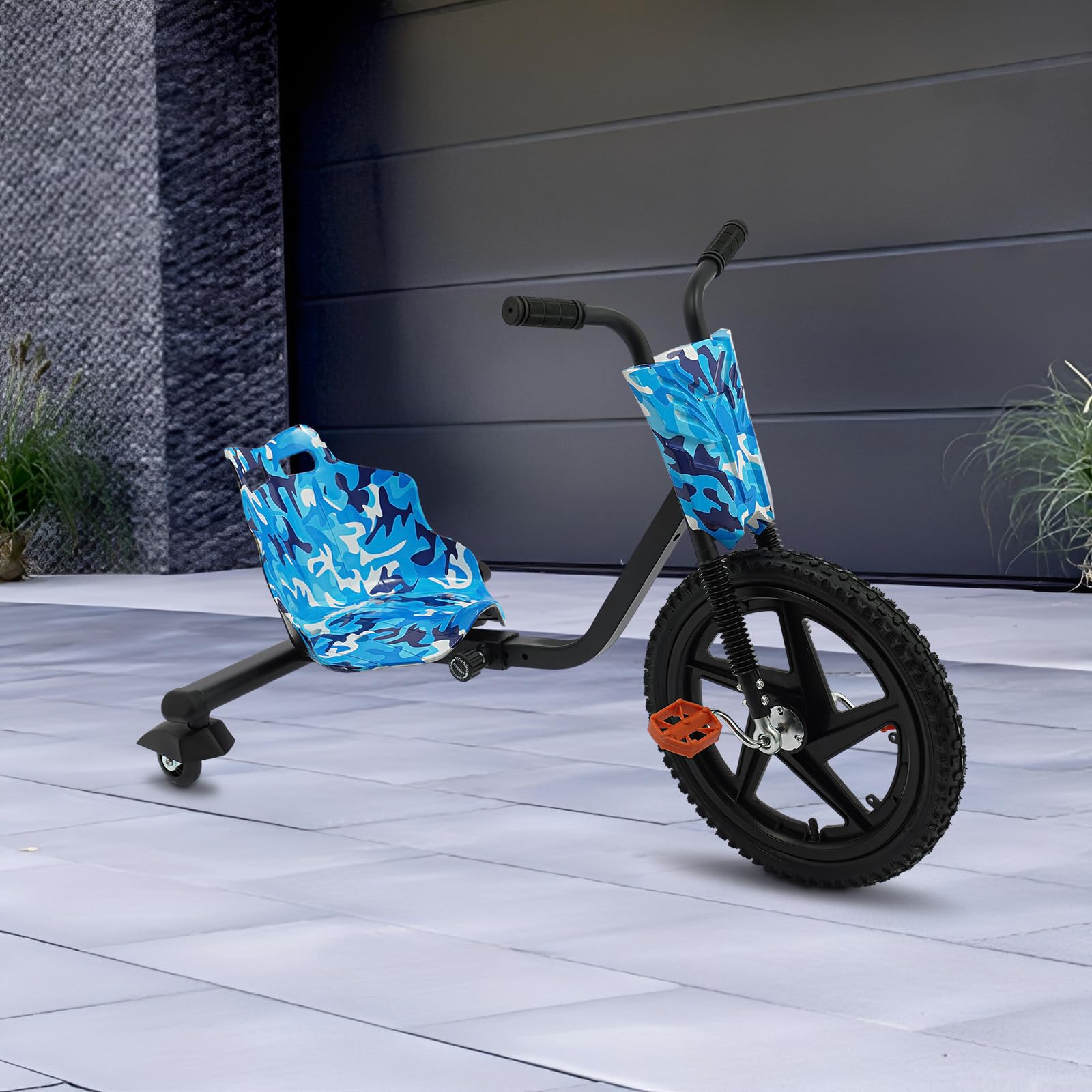 Drift Trike rower trójkołowy dla dzieci od 6 lat, z 4 biegami, obracany o 360 stopni, światło tylne koła, siedzisko, regulowana długość (niebieski, kamuflaż)