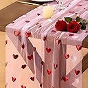 Socomi Valentine's Day Red Heart Table Runner Gauze Sheer Romantic Sequin 10FT Glitter Metallic Foil Dining Wedding Birthday Party Baby Shower Holiday Centerpiece Table Decor Pink