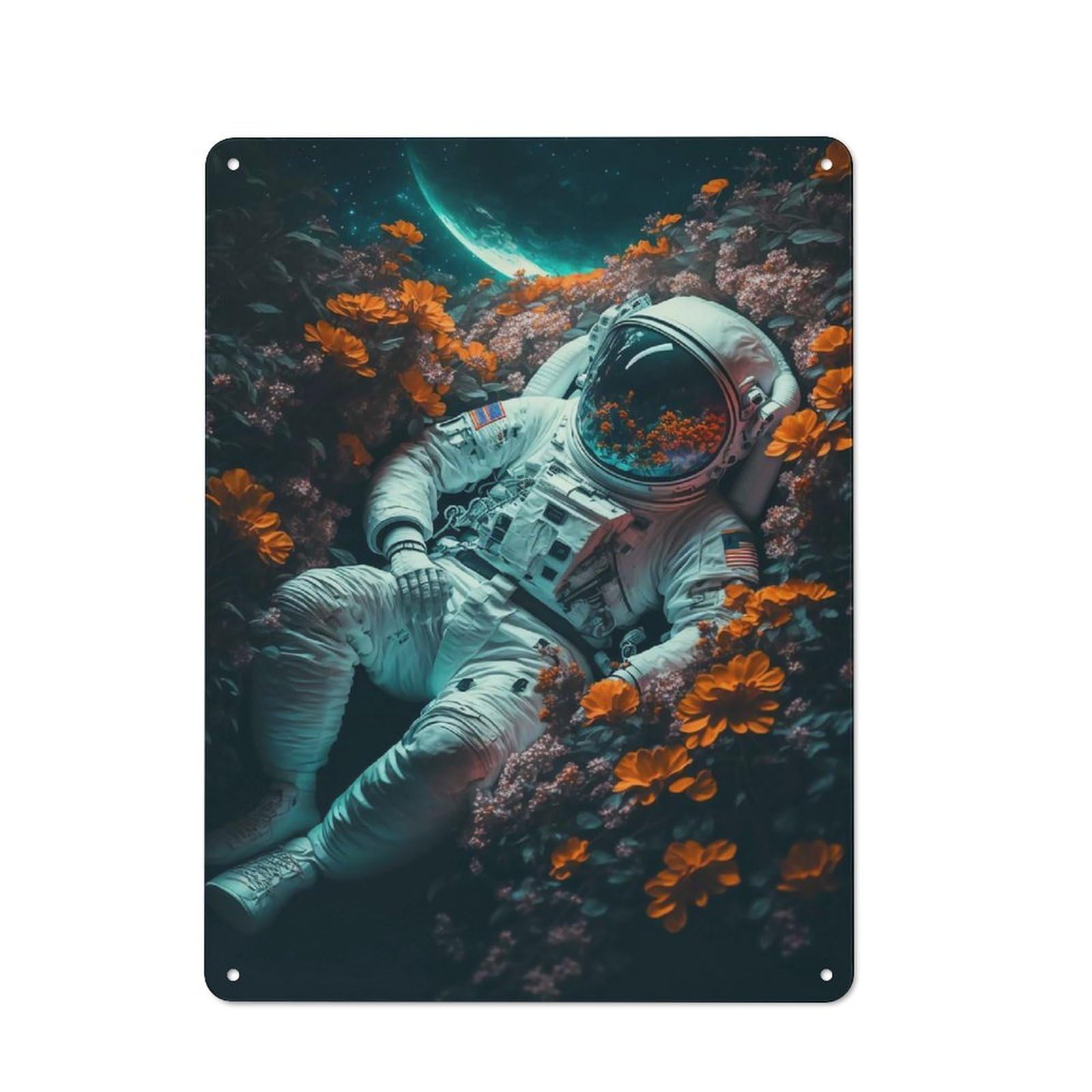 Junmoney Style-12 Modern Retro Metal Wall Art Sign 40X30cm Featuring Astronaut Among Flowers, Urban Room Decor For Workspace, Cafe, Hallway Or Garage
