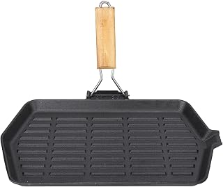 Cast Iron Grill Pan, Household Portable Folding Non Stick Even Heating Steak Frying Pan with Wooden Handle
