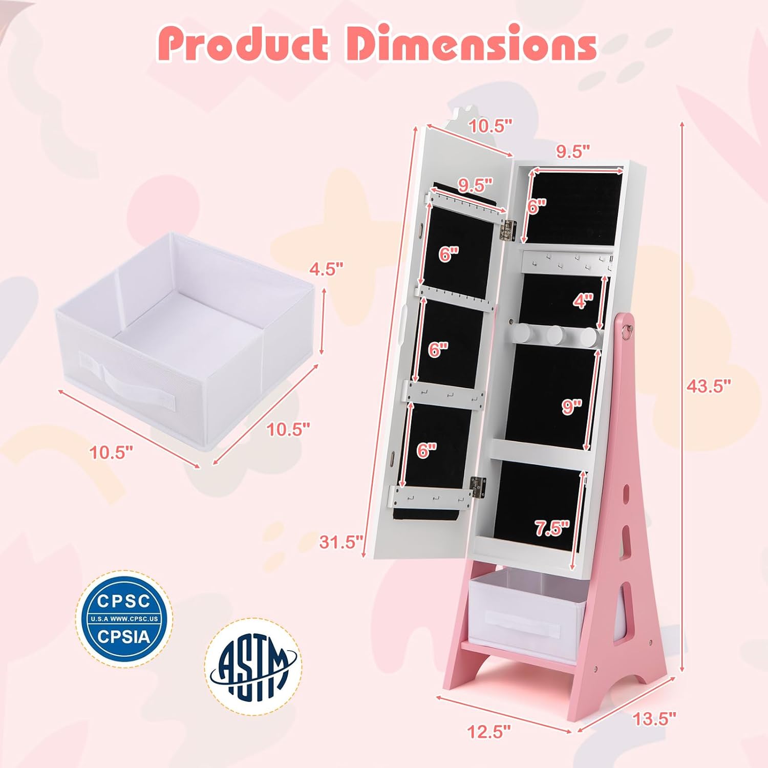 GLACER Kids Jewelry Armoire Cabinet with Full-Length Mirror, 43.5" Jewelry Organizer with Foldable Drawer, 2 Adjustable Tilt Angles, Kids Vanity Dress Up Mirror Jewelry Cabinet for Girls (White)