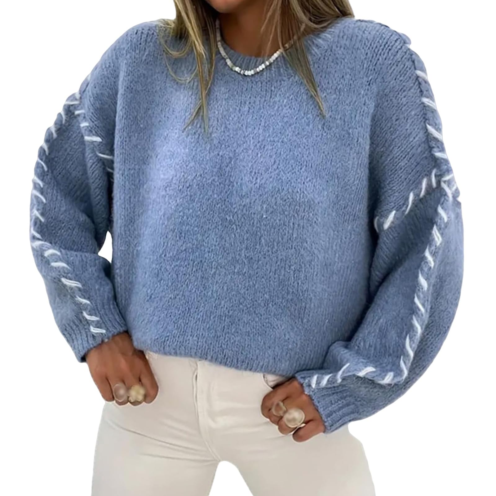 Sweaters for Women Patchwork Crew Neck Cable Knit Pullover Tops Fall Winter Loose Solid Color Long Sleeve Sweaters