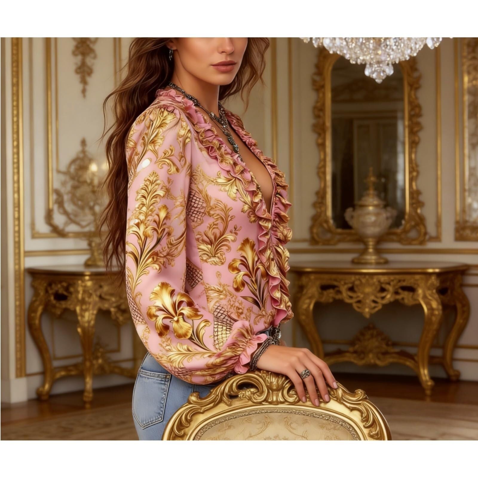 Blusa Mujer Boho Vintage Media Cremallera Volantes Gasa, Mangas Largas Escote V Profundo Estampado Paisley Top Casual Elegante Primavera Verano
