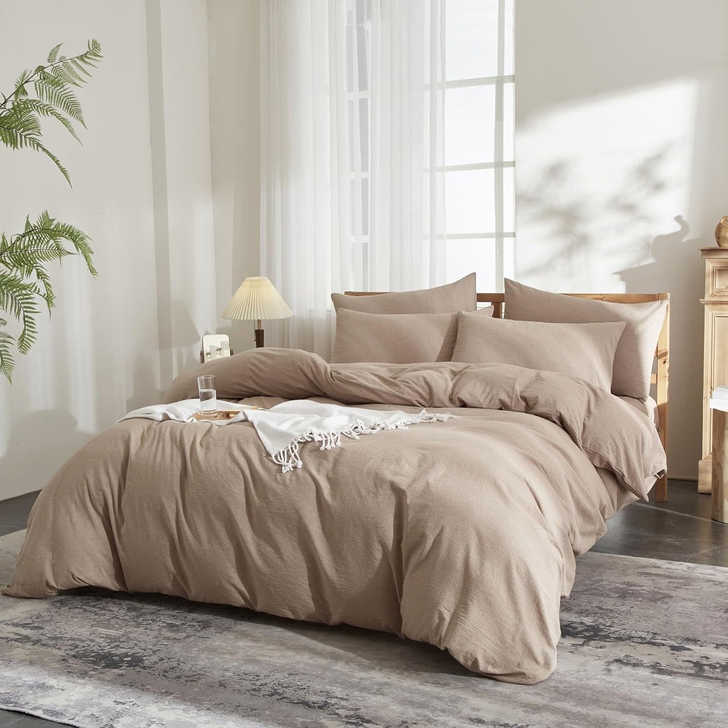 Linen Cotton Blend Duvet Cover Set Queen Size Sand Taupe Minimalist Solid Stonewashed Texture Comforter Cover Linen Feel Soft Breathable Farmhouse Plain Simple Bedding Set for All-Season