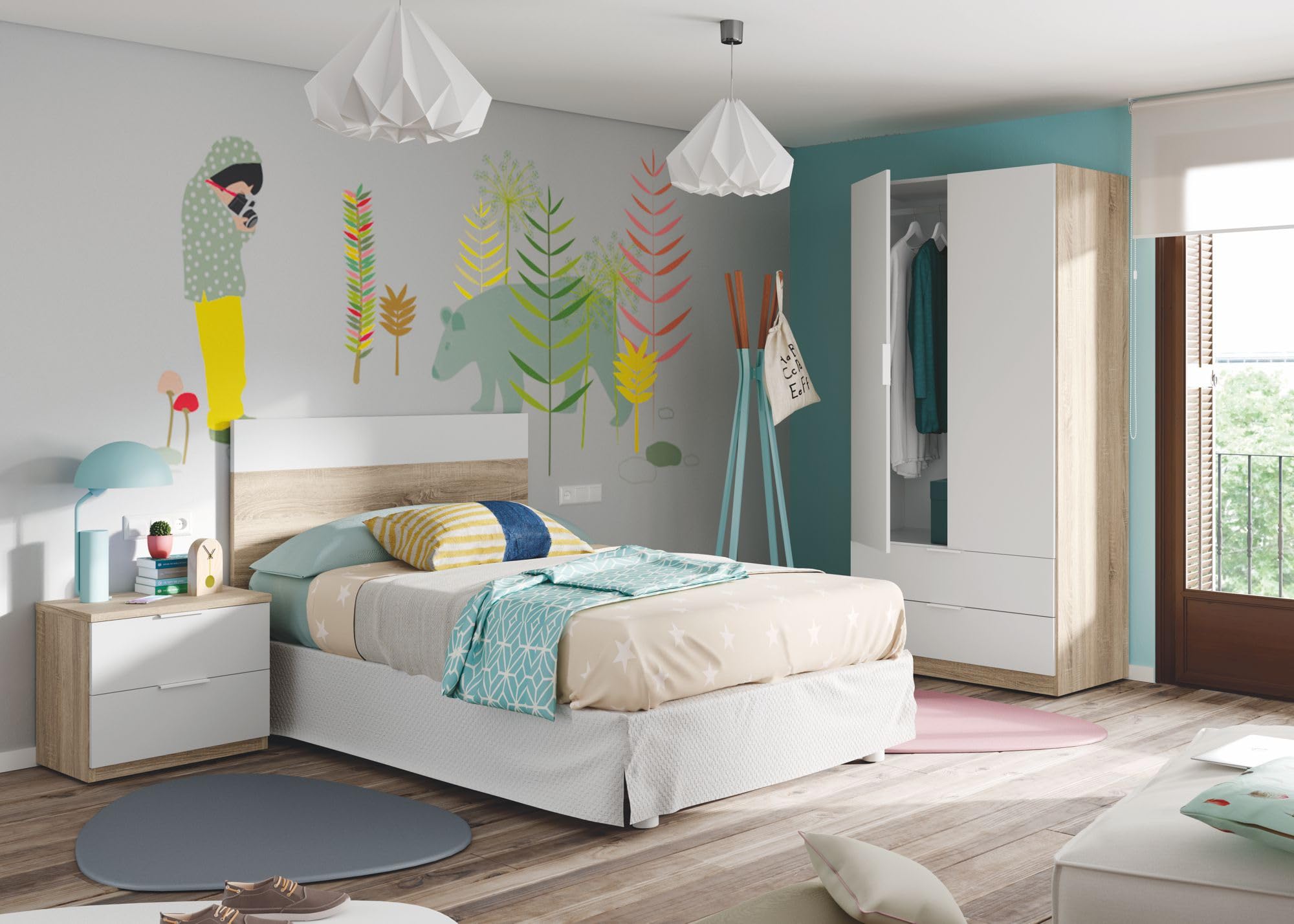 Habitdesign Armario de 2 Puertas y 2 cajones, 81x180x 52 (AnchoxAltoxFondo - Cm), Color Blanco Artik y Roble Canadian