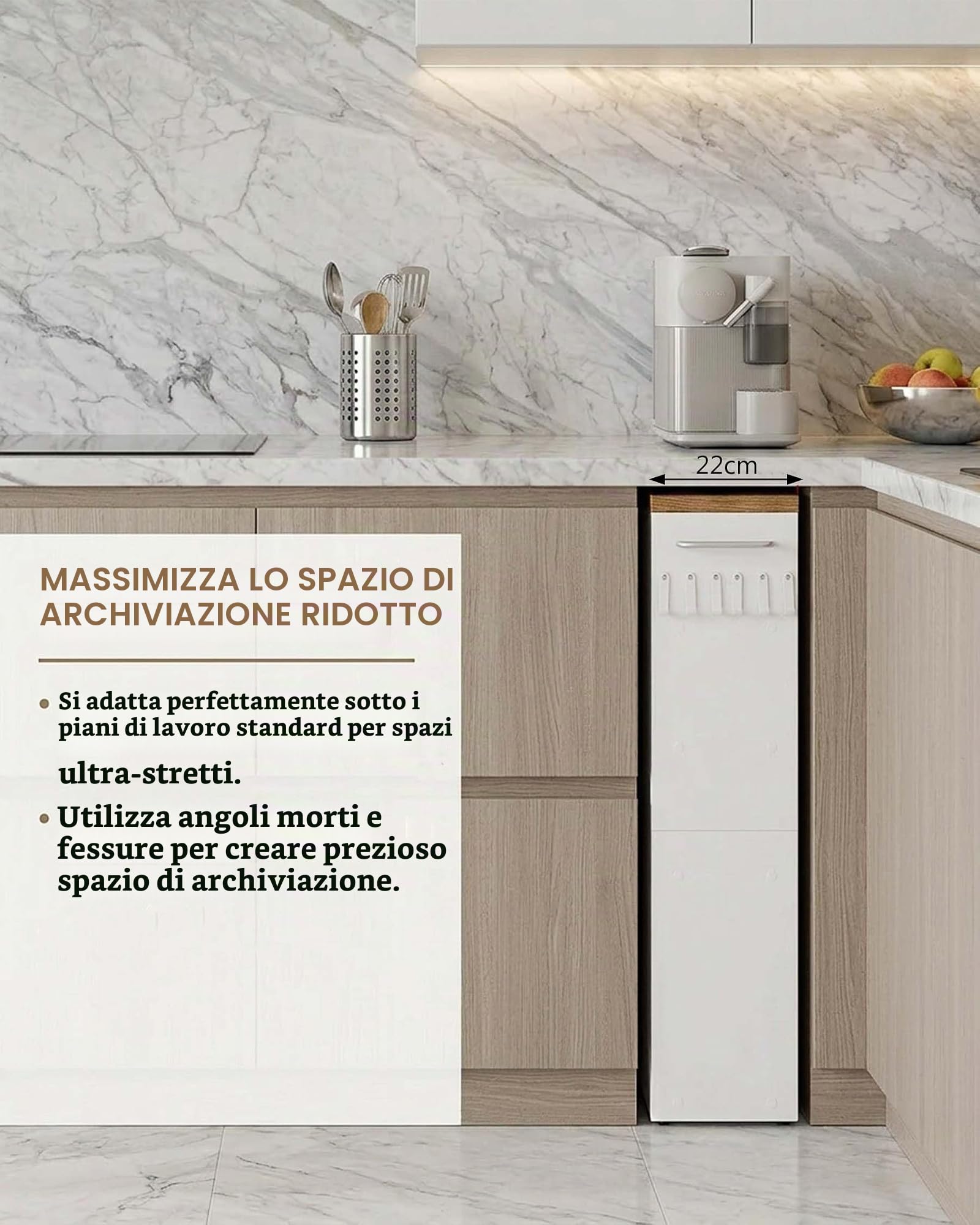 Carrello Portatutto Stretto Bianco da Cucina 5 Ripiani 40×22×108cm | Quattro ruote, due con freno, facilitano lo spostamento; la maniglia laterale e i ganci offrono spazio aggiuntivo.