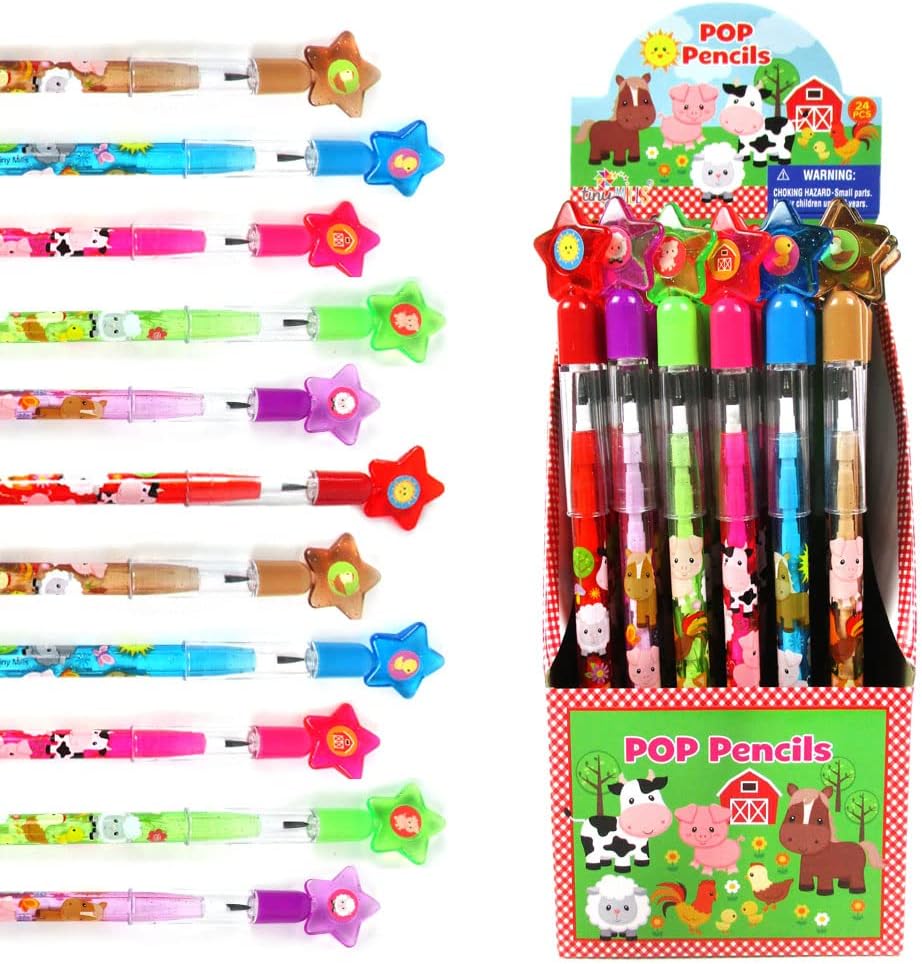 TINYMILLS 24 Pcs Farm Animals Stackable Push Pencil Assortment with Eraser for Party Favors Goodie Bag Stuffers VBS Classroom Rewards Pinata Fillers Carnival Prize Barnyard Party