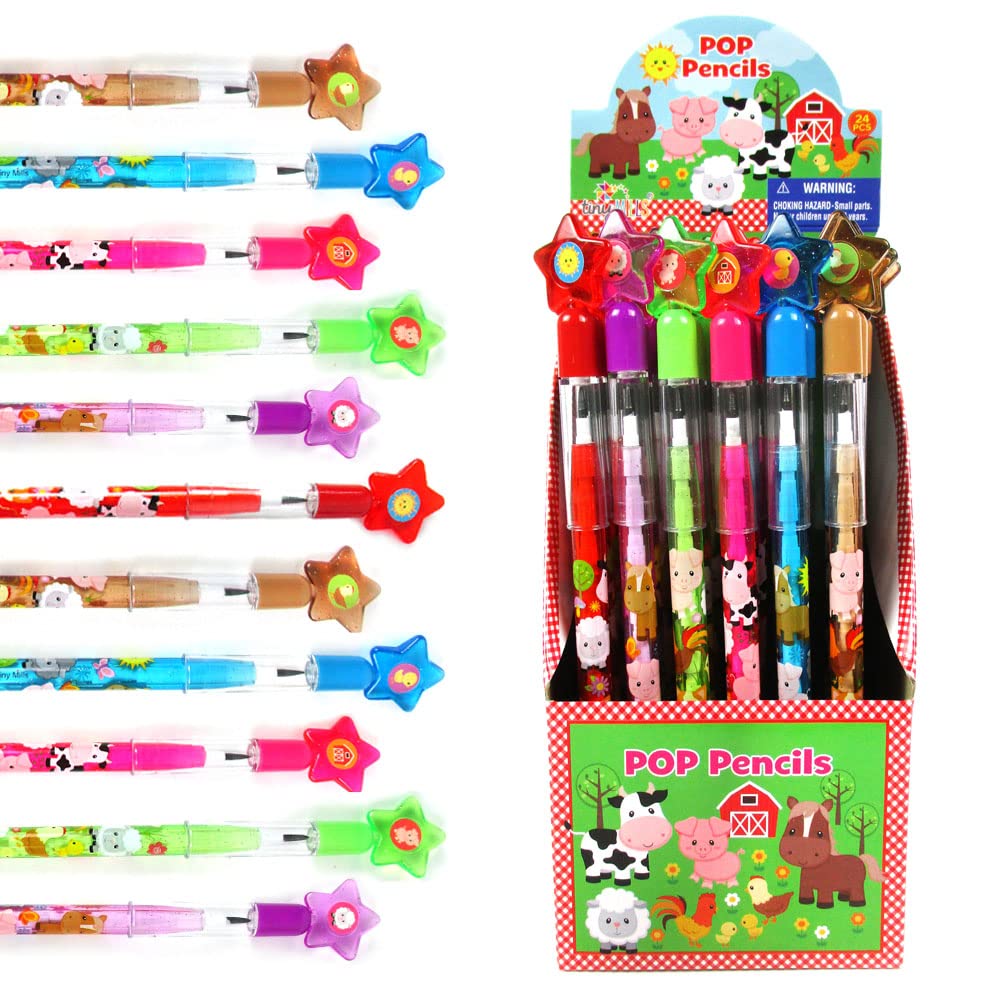 TINYMILLS24 Pcs Farm Animals Stackable Push Pencil Assortment with Eraser for Party Favors Goodie Bag Stuffers VBS Classroom Rewards Pinata Fillers Carnival Prize Barnyard Party