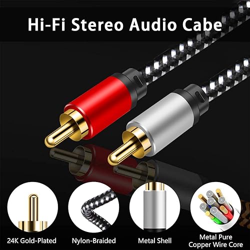 Miniatura 2 de Cable RCA, 2RCA macho a 2RCA macho, cable de subwoofer estéreo de audio estéreo de alta fidelidad, nailon trenzado chapado en oro, cable de audio