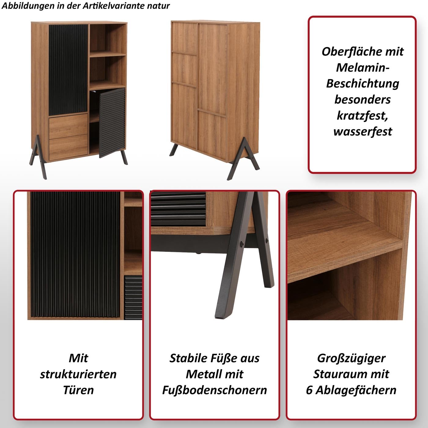 Mendler Hochschrank HWC-O40, Schrank Highboard mit Türen Staufächer Schubladen, MDF Metall Melamin 138x79x40cm - Natur