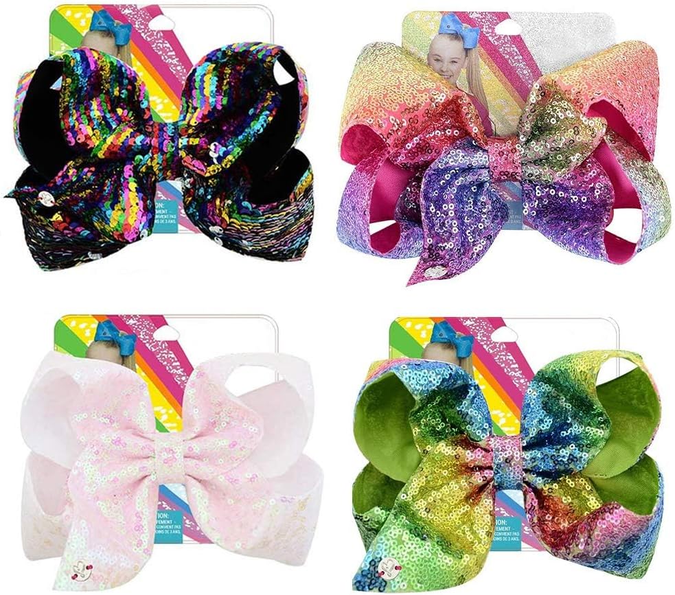 Kalolary 4Pcs/8 inch Glitter Sequin Bows for Girls Gift, Large Hair Bows Alligator Clips Grosgrain Ribbon Hair Barrettes Accessories for Toddler Teens Girls Valentine's Day Holiday Present