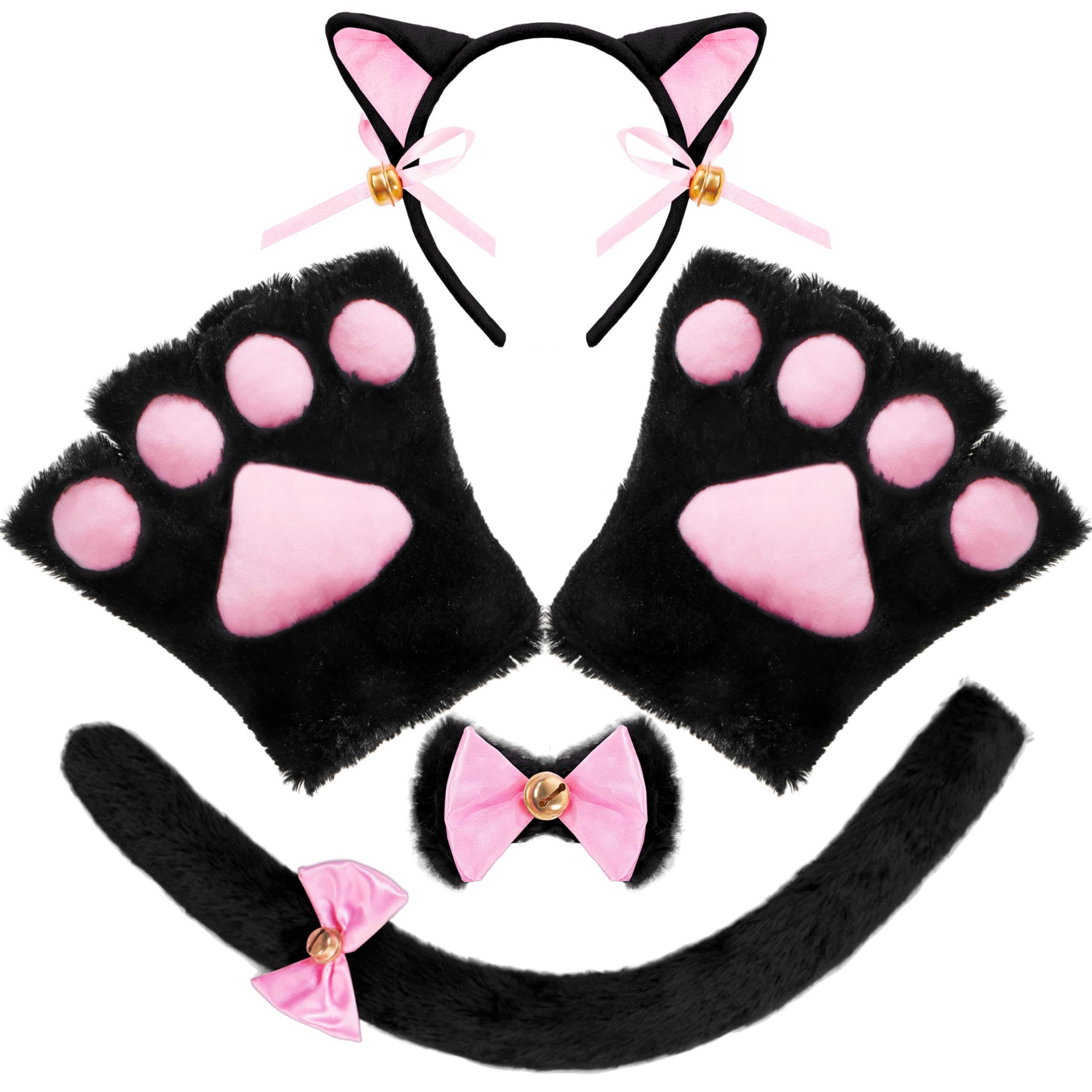 ALUNME 5 Pcs Kitty Cat Costume Set, Black Kitten Accessories with Cat Ears Headband Paws Gloves Bow Tie Tail