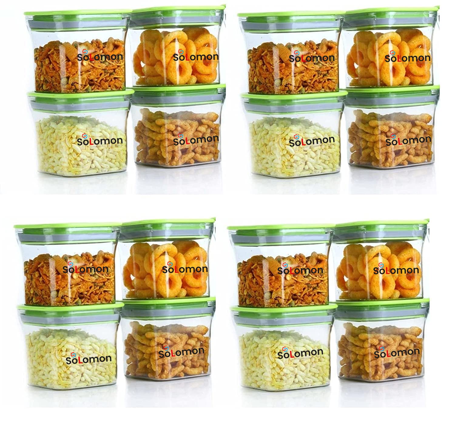 Solomon Plastic Kitchen Fridge Container Transparent Jar Airtight Food Grade Quality Product Used for Daily Storage Spices Dryfuit Tea Salt 600ml (Pack of 16 Green)