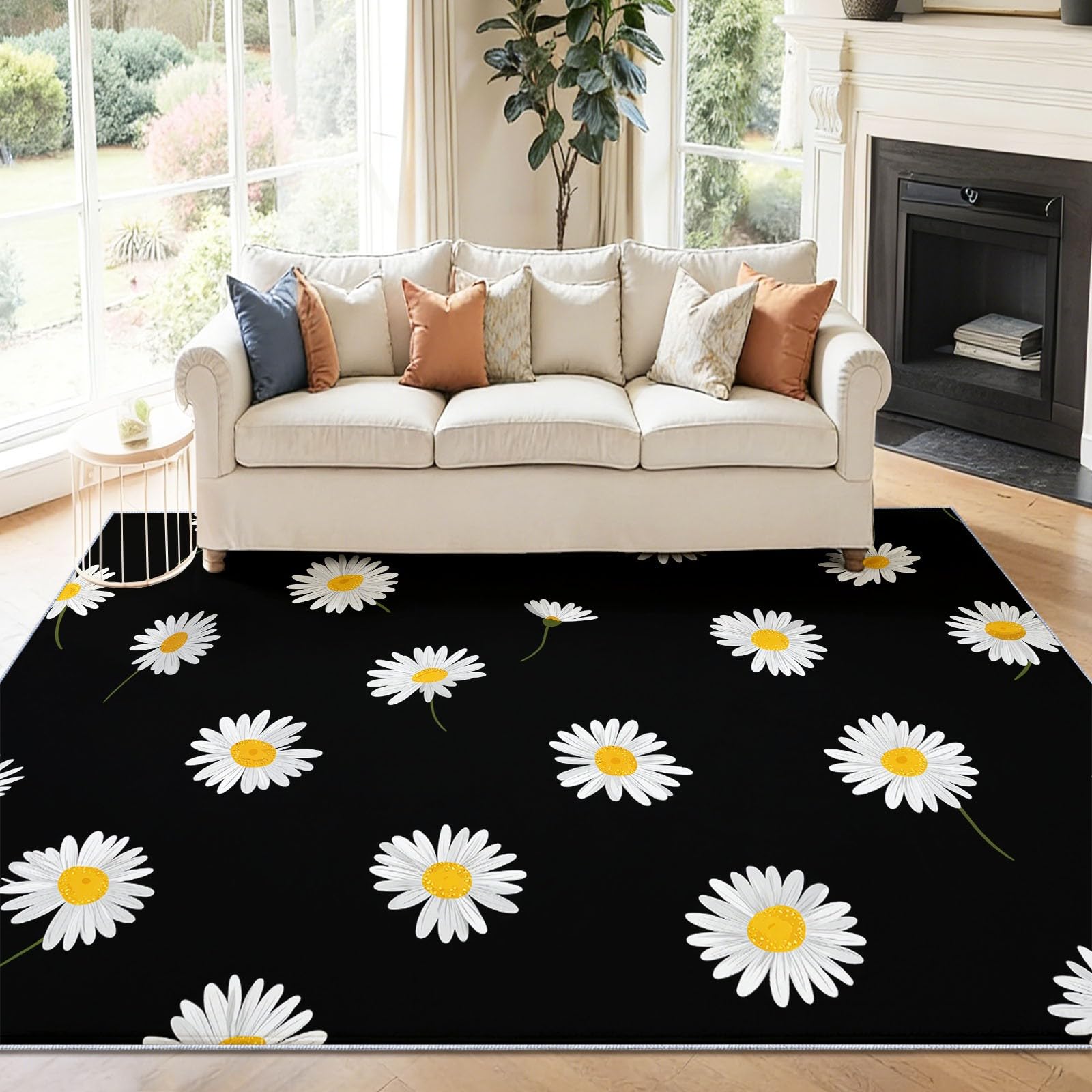 Dywan można prać w pralce, przy wejściu, 160 x 230 cm, dywan w stylu nordyckim, stokrotka, dywan botaniczny, czarny, biały, niski runo, nie gubi włosia, do wizualnego kontrastu, uporządkowany dywan w