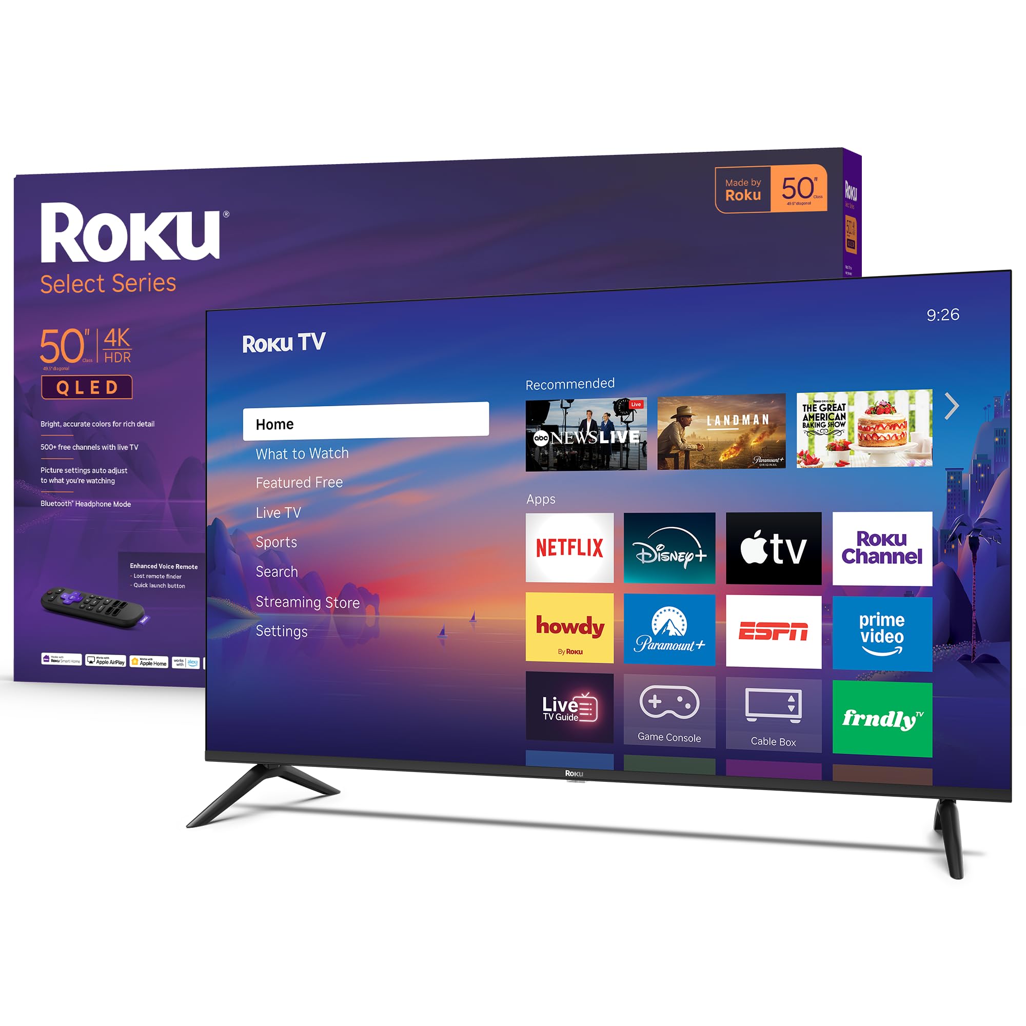 Photo 1 of Roku Smart TV 2026 – 50-Inch Select Series, 4K QLED TV – Roku TV with Voice Remote – Flat Screen QLED Television with Wi-Fi for Streaming Live Local News, Sports, & Movies – Bluetooth Headphone Mode