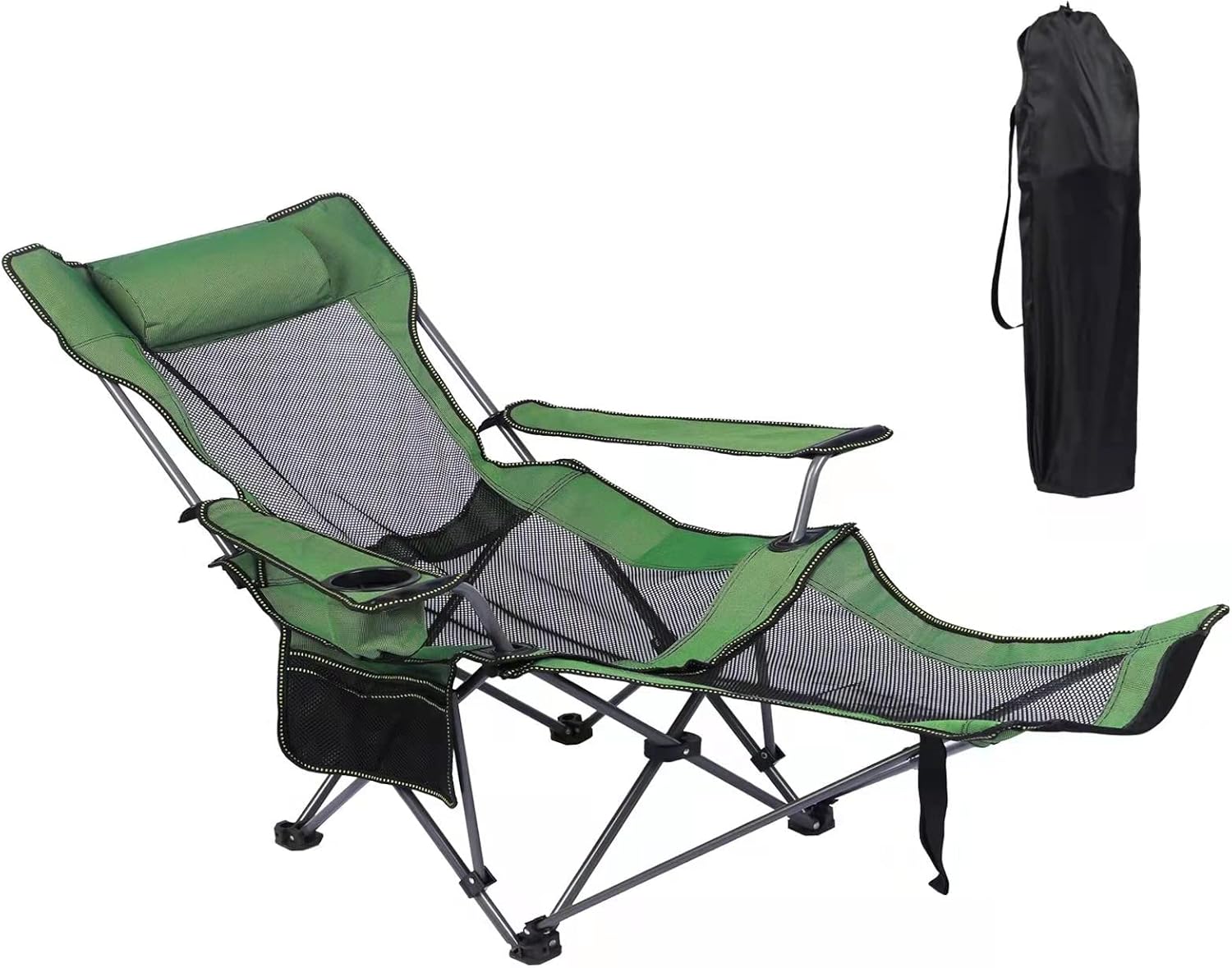 Camping Lounge Chair, Portable Reclining Camping Chair, Folding Camping Chair with Footrest,Headrest & Storage Bag,Mesh Recliner with Backpack, 330lbs Weight Capacity