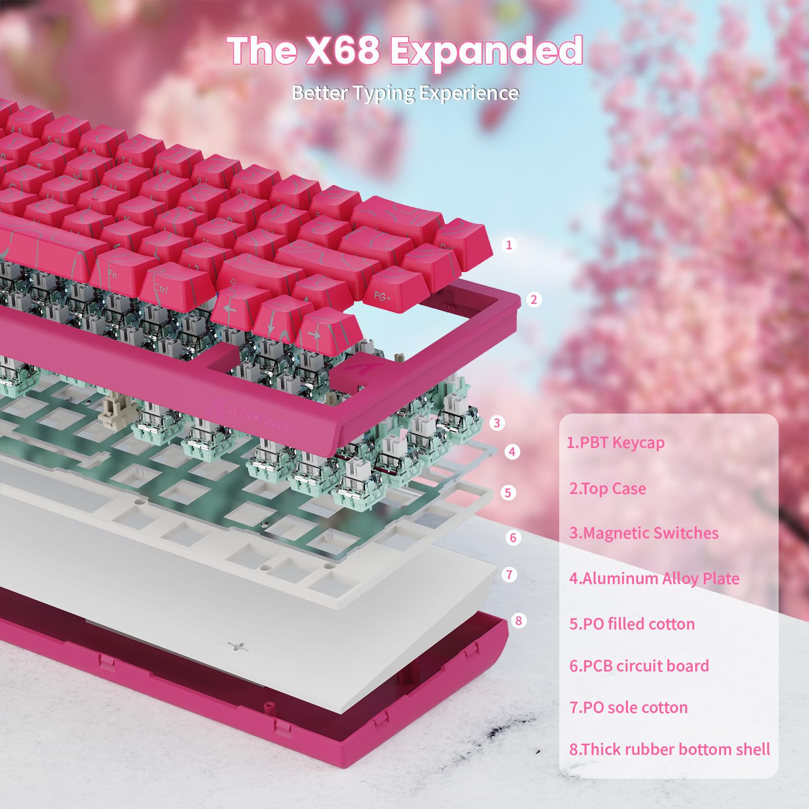 MAMBASNAKE x Attack Shark X68HE Teclado con Interruptor magnético de gatillo rápido, accionamiento Ajustable de 0,01 mm, con Cable en Espiral, 8000 Hz, RGB, Teclas PBT,SOCD (Rosa)