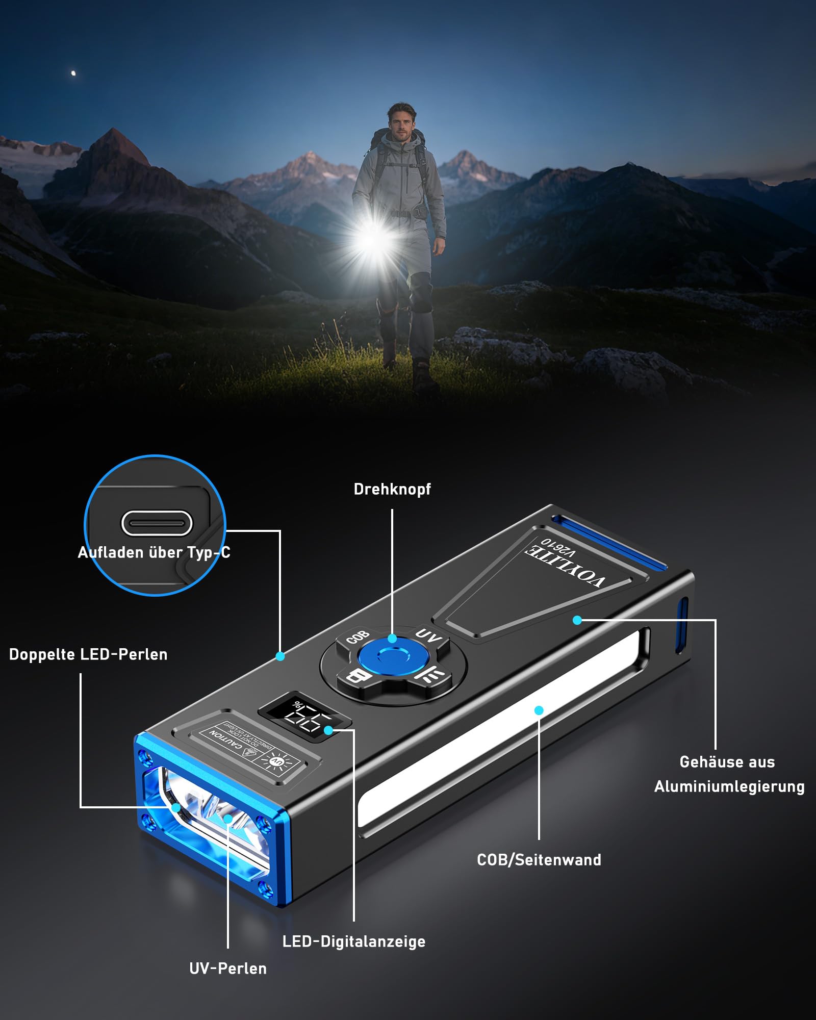 Taschenlampe LED Aufladbar, 2000 Lumen EDC mit UV Licht, Magnetisch | COB Arbeitslicht, RGB Licht, Metallclip, IPX6 Wasserdicht, 10,5 cm kompakt, 159 g leicht, ideal für Camping/Outdoor/Notfälle