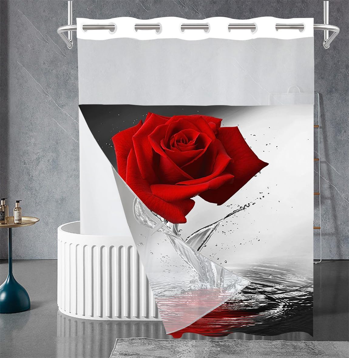 No Hooks Yellow Rose Shower Curtain with Snap in Liner Rose Flower Shower Curtain Double Layer Shower Curtains for Bathroom(71''*78'')