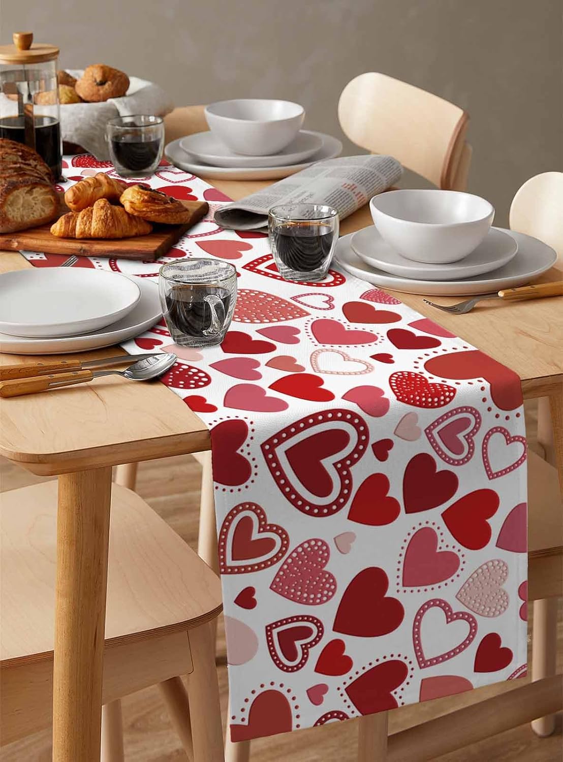 Valentine's Day Love Heart Table Runner 120 Inches Long Red Pink Heart Pattern Coffee Table Runner Romantic Red Kitchen Dining Table Decoration for Indoor Outdoor Home Party Holiday 13 x 120 Inch