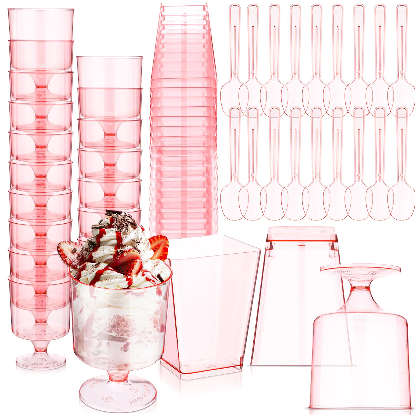 Funnymoom Paquete de 100 vasos de postre rosa con cucharas de 5 onzas, mini taza de postre de plástico transparente para postre, vasos cuadrados de chupito, cucharas redondas de plástico para frutas,