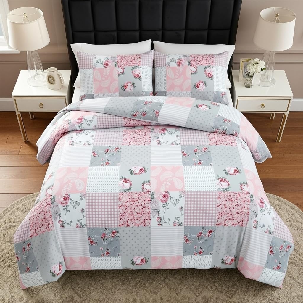 B&B Printed Duvet Cover Set, 100% Rich Cotton Comforter Cover Bedding Sets - Soft, Thick Anti-Allergy 3PCS Quilt Covers with 2 Pillow Shams (Super King Size, Floral Grey)