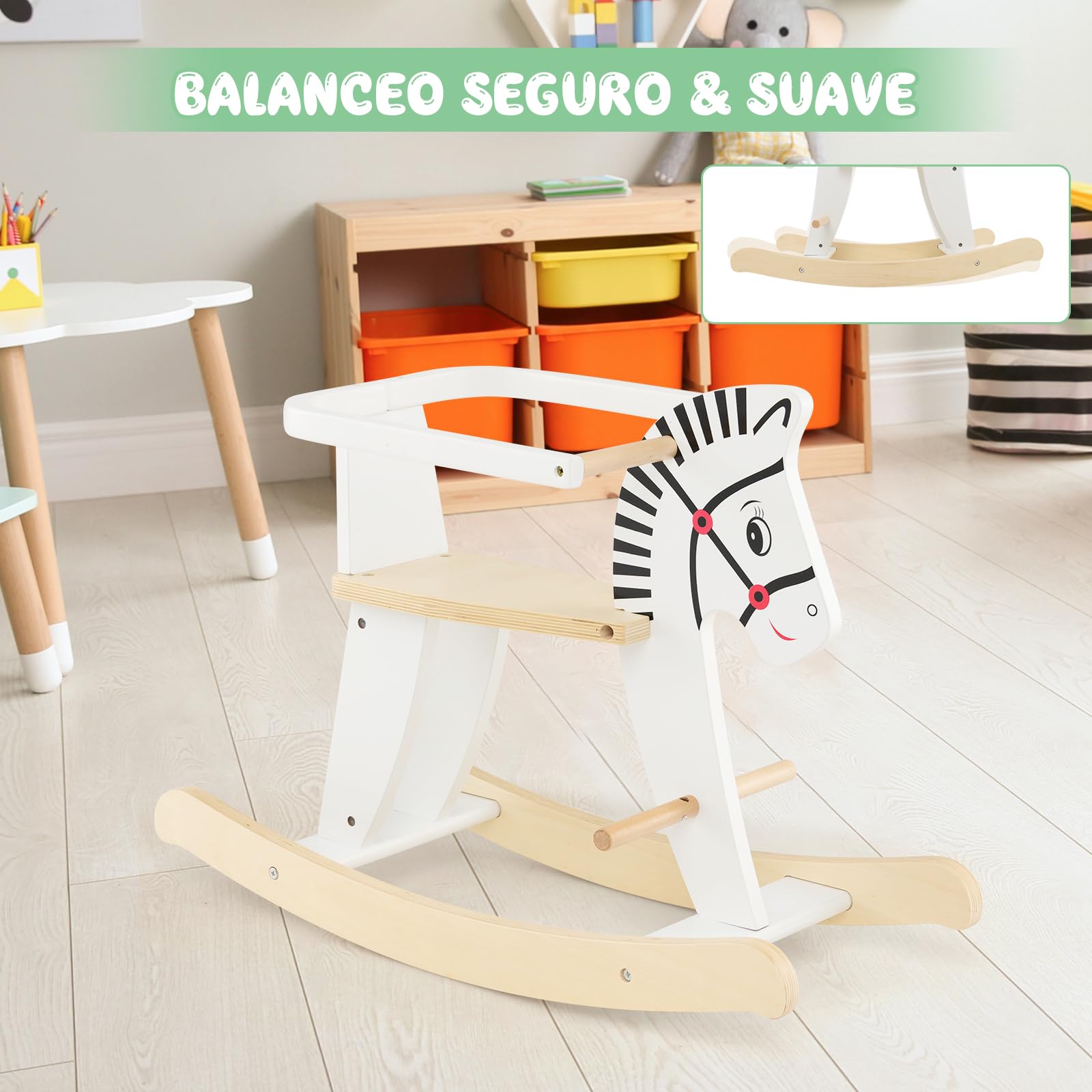 COSTWAY Caballito de Madera de Balancín, Balancines para Bebes con Vallas Extraíbles, Equilibrio Suave de 11-22 Grados, Asiento y Respaldo Cómodos, Caballo Mecedor de Madera para Niños de 3+ Años