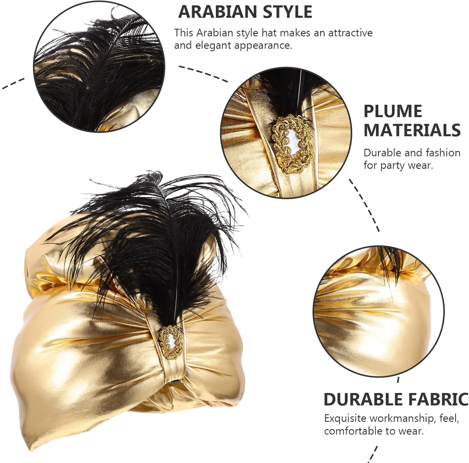 Toyvian Golden Turban Hat with Plume Decoration, Arabian Prince Headdress Costume Hat, One Size Unisex Glittered Turban Hat Costume - Image 3