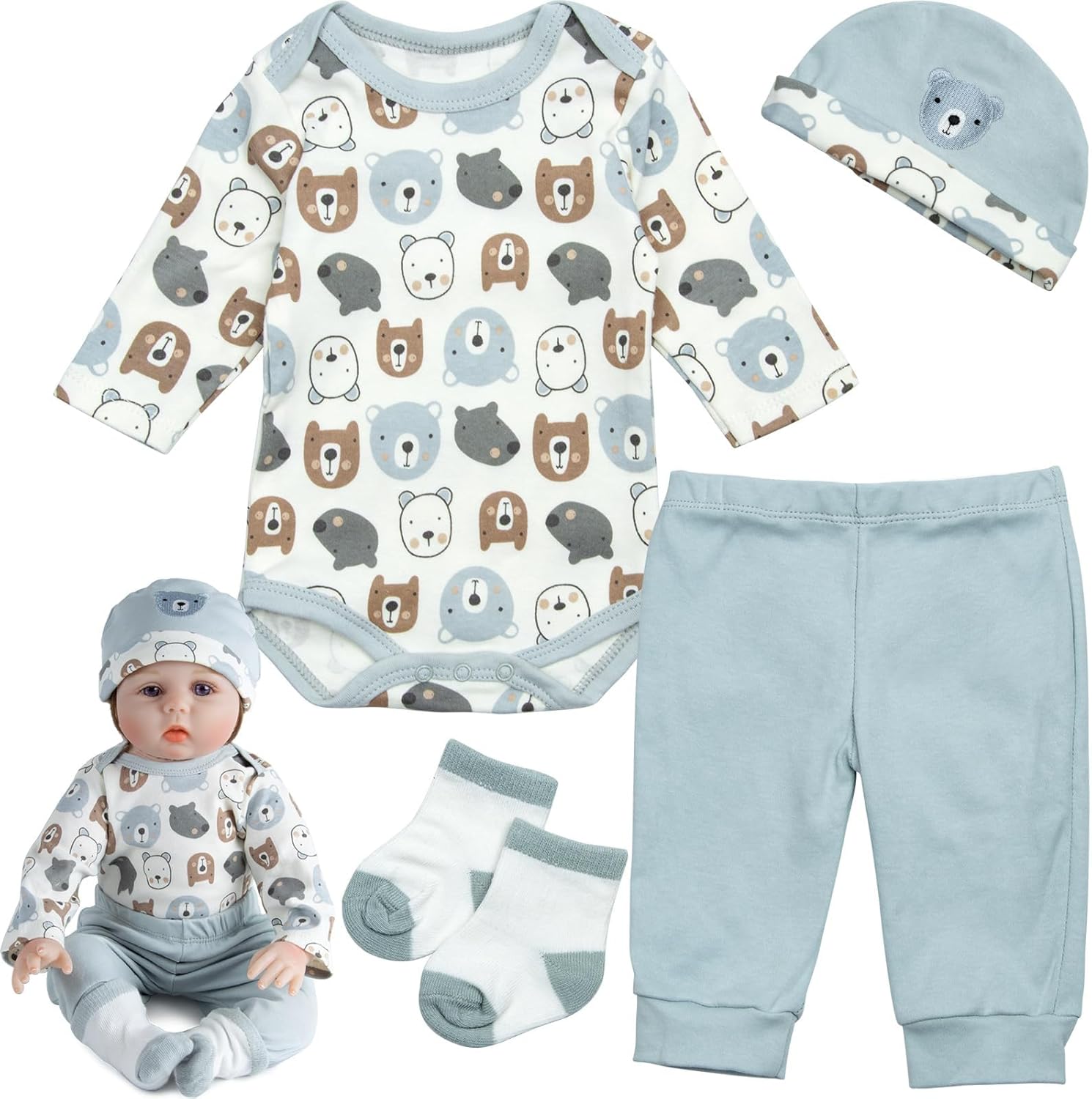 Reborn Baby Doll Clothes Boy Accessories 18-22 Inch Reborn Doll Clothes for Baby Doll Clothing Blue Bear 4 Pieces Set