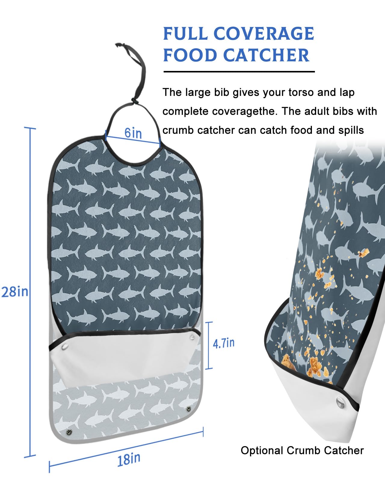 Blue Shark Silhouette Adult Bibs for Eating, Waterproof Bibs with Food Catcher & Adjustable Snap Closure, Sea Animal Navy Blue Backdrop Washable Clothing Protectors Adult Bibs for Elderly Women/Men