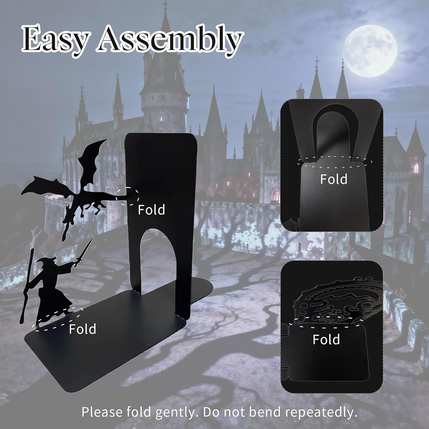 Dragon and Wizard Fantasy Bookends for Shelves, Heavy Duty Metal Book Ends, Unique Gothic Decor Book Stopper for Book Lovers